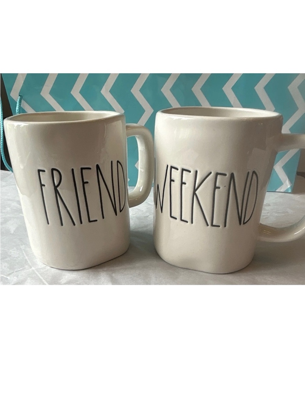 Rae Dunn Artisan Collection FRIEND & WEEKEND 16 oz Ceramic Mugs Set of 2